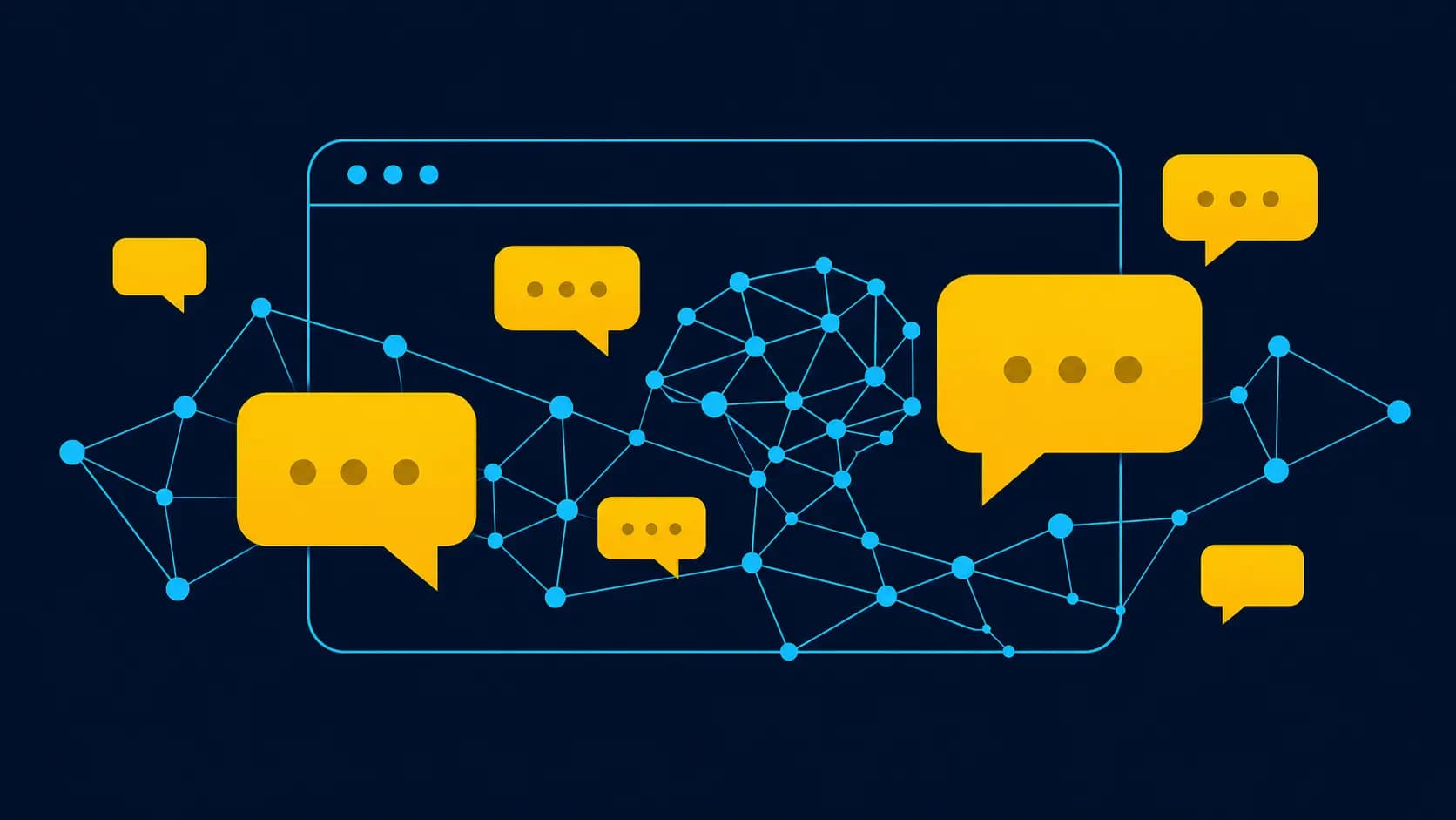Interfaz de chatbot con IA mostrando conversación fluida sobre fondo navy