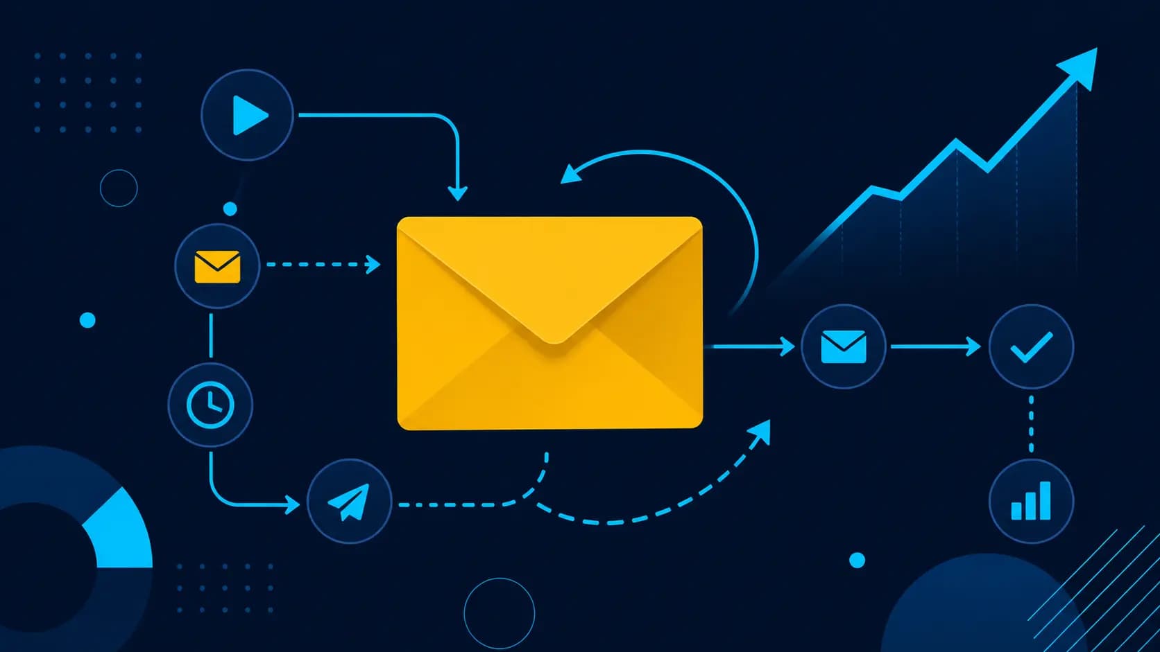 Flujo de emails automatizados con iconos de IA y métricas de conversión