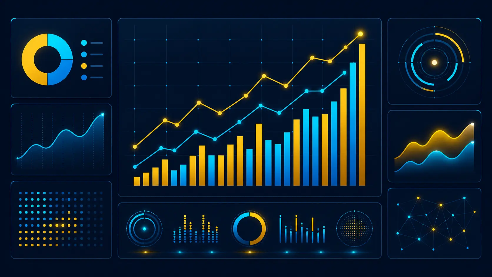 Dashboard de analítica con gráficas y métricas clave sobre fondo navy