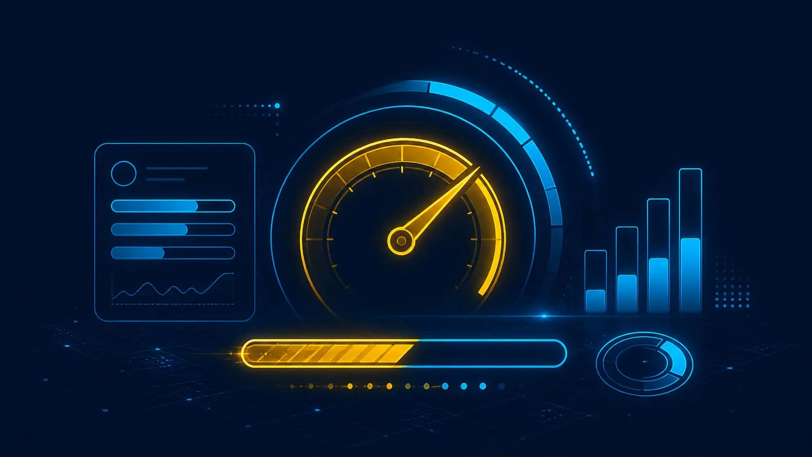 Velocímetro y barras de progreso representando optimización Core Web Vitals