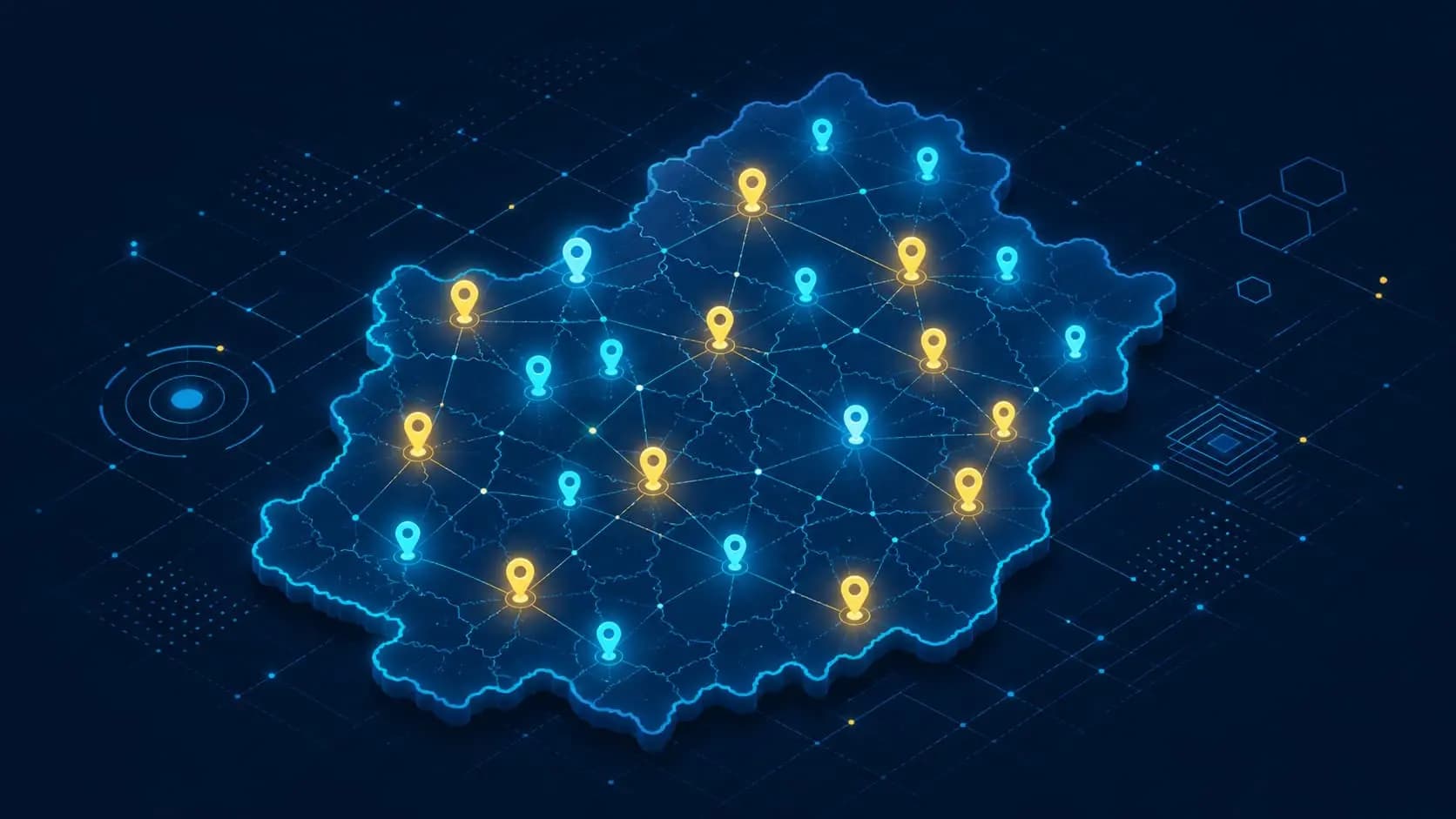 Mapa estilizado de Jaén con pines de Google Maps destacando negocios locales