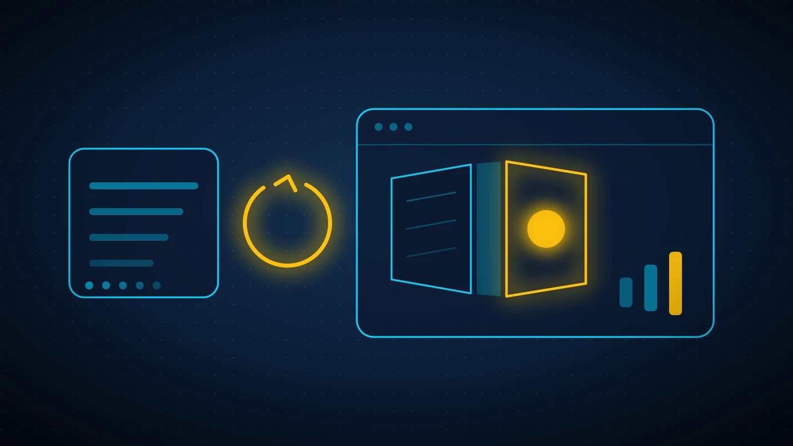 Un panel de datos de fuera, un ciclo dorado que se repite, y una web con una carta girando