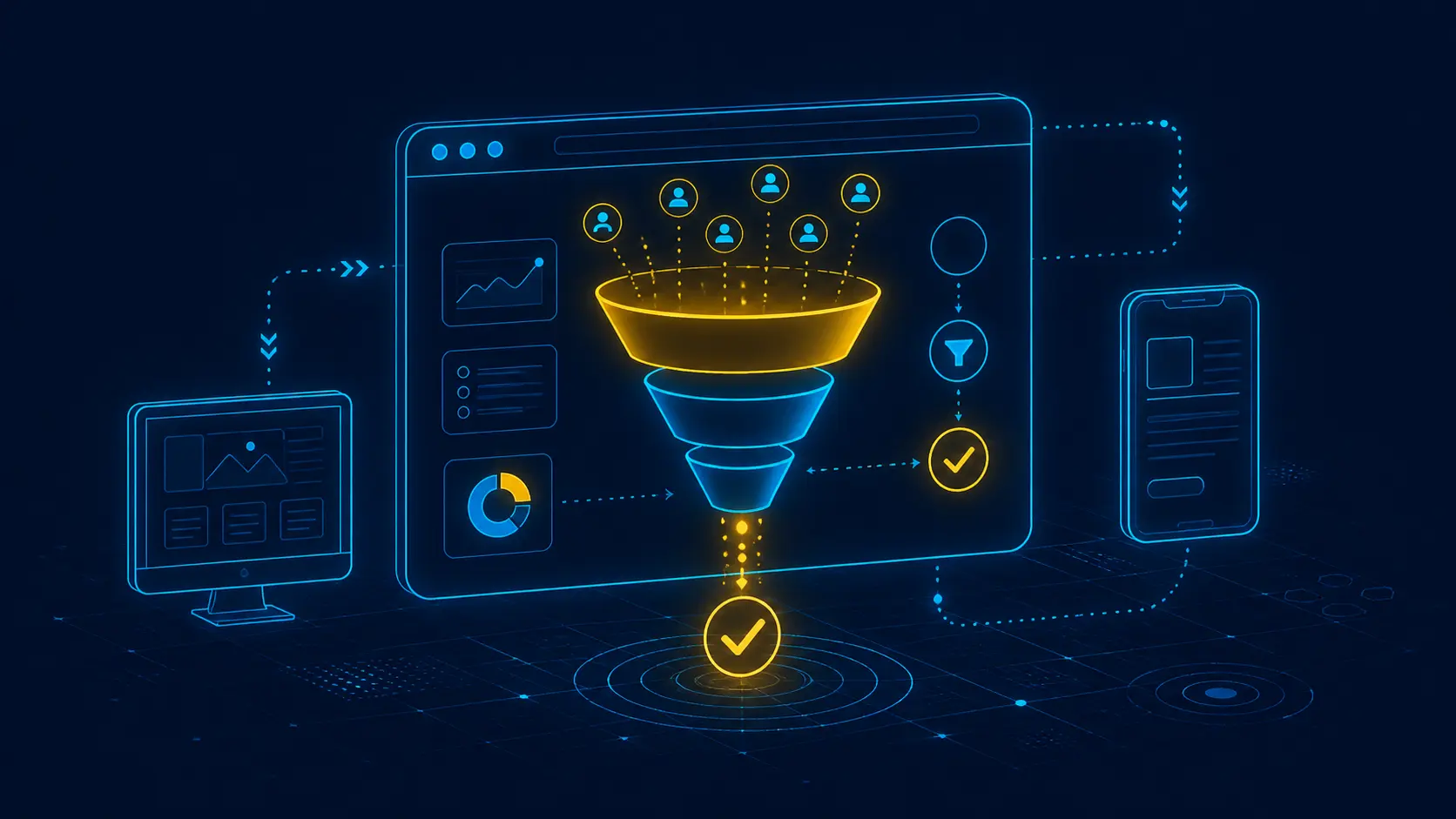 Wireframe holográfico de web mostrando elementos de conversión
